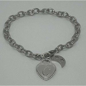 Initial “C” Heart Moon Charm Bracelet Silvertone